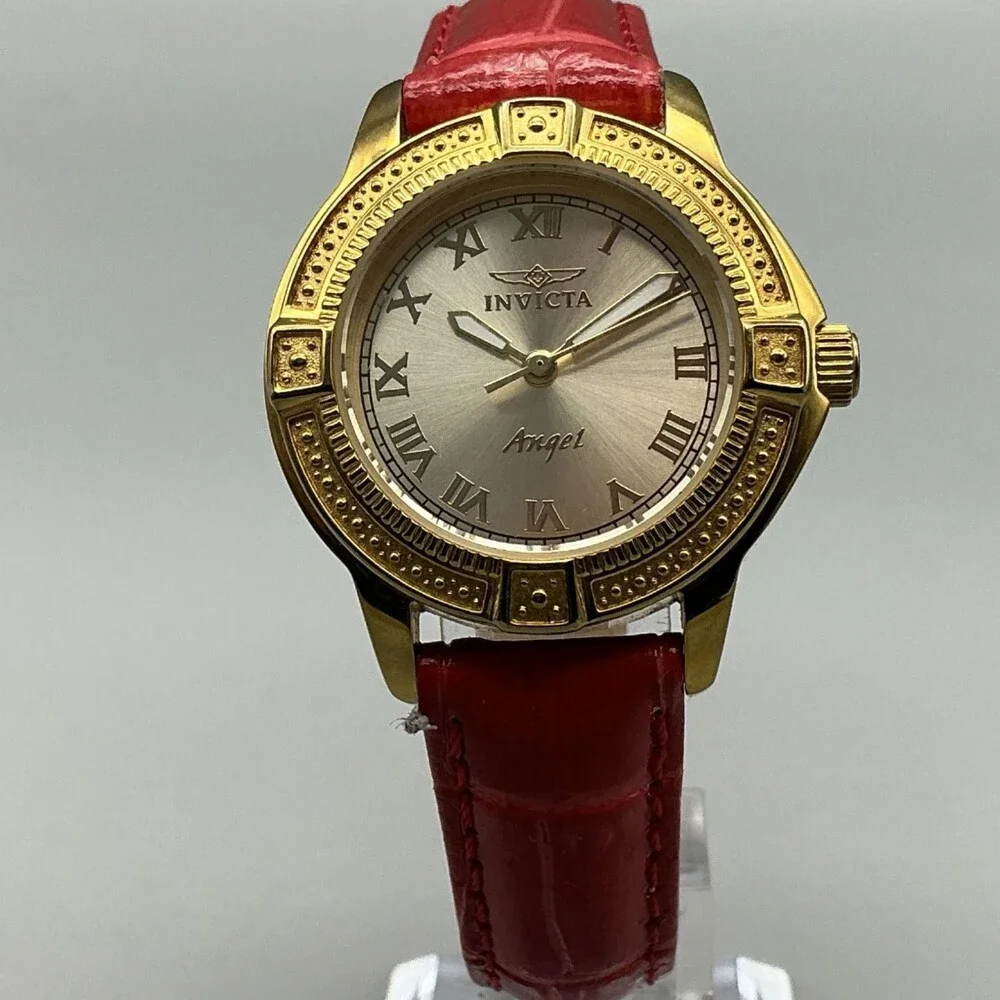 Invicta Angel Womens Watch 32mm Red Leather Gold Tone 14384 New Battery
